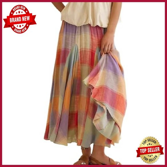 Elastic Waist Flowy Long Skirt Midi A-Line Ruffle Plaid Print - Picture 2 of 7